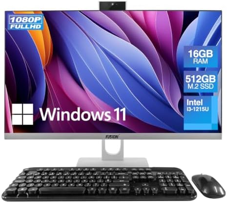 Fusion5 23.8" Full HD All in One PC Desktop Computer - 16GB RAM, 512GB SSD, i3-1215U 6-Core Processor up to 4.40 GHz, Windows 11, HDMI, USB 3.0 - AIO PC with Wireless Keyboard, Mouse, 3MP Web Camera by Fusion5