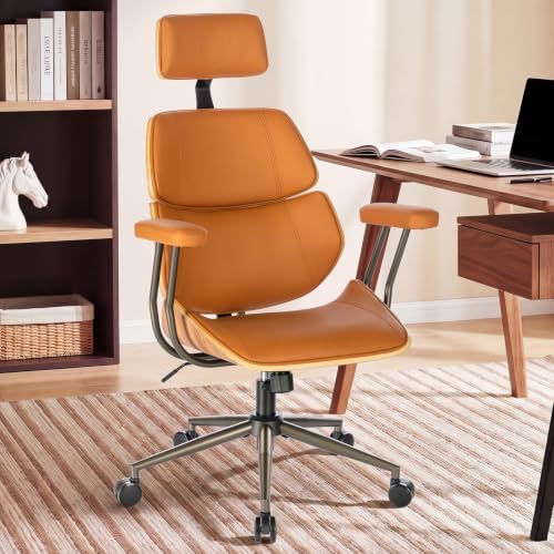 Mid-Century High Back Leather Office Chair with Headrest, Brown by BERYTH