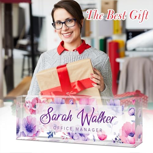 Custom Name Plate for Desk - Desk Name Plate Personalized - Acrylic Office Desk Accessories - Appreciation Gifts for Coworkers Employee Teacher Staff Boss - Office Decor for Women (Purple Flowers D) - Image 5
