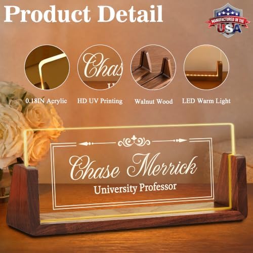 Custom Name Plate for Desk with LED Walnut Frame, Office Desk Decor - Image 2