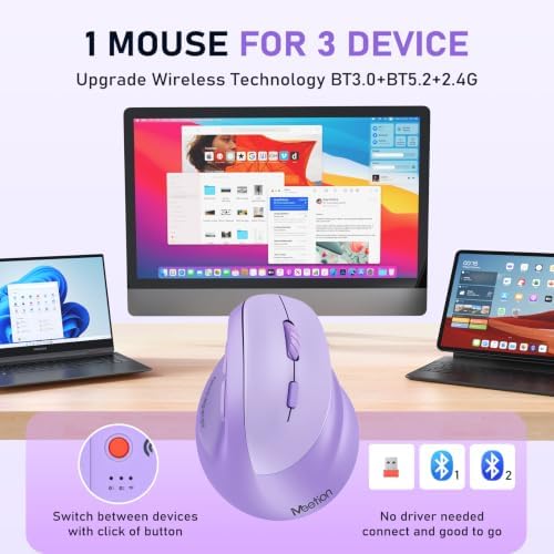 MEETION Ergonomic Wireless Vertical Mouse, Rechargeable, Purple - Image 3