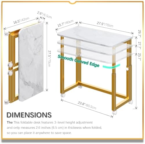 4NM No Tool Assembly 27.5" Small Desk, Folding Portable Desk with Wheels, Foldable Computer Home Office Desks, Collapsible Study Writing Table for Space Saving Bedroom - White Gold - Image 2