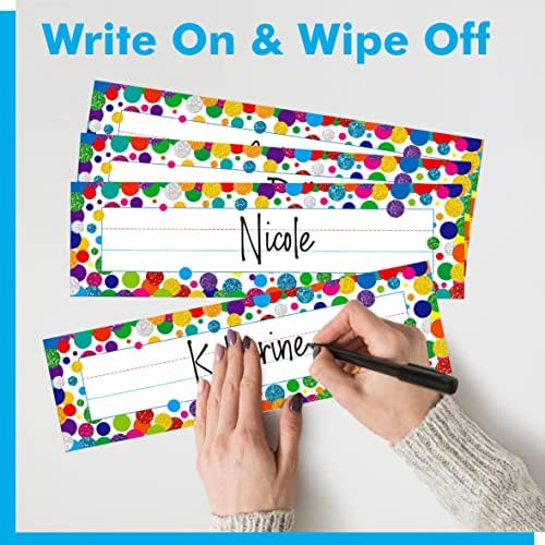 40PCS Desk Nameplates, Confetti Desk Name Tags with Double Sided PET Film Student Name Labels Erasable & Reusable Traditional Manuscript Name Plates for School Classroom Organization (10” x 2.8”) - Image 4