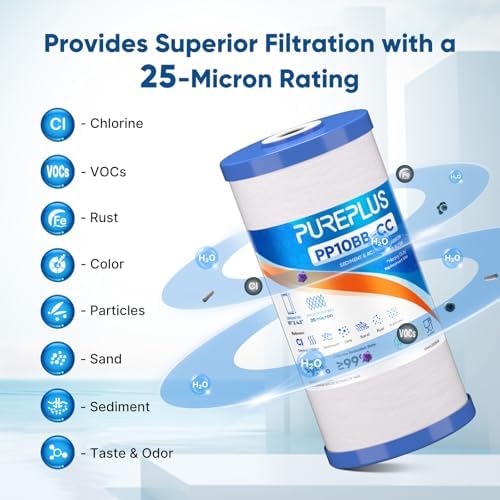 PUREPLUS 25 Micron 10"x4.5" Whole House Sediment and Carbon Filter,3PACK - Image 3