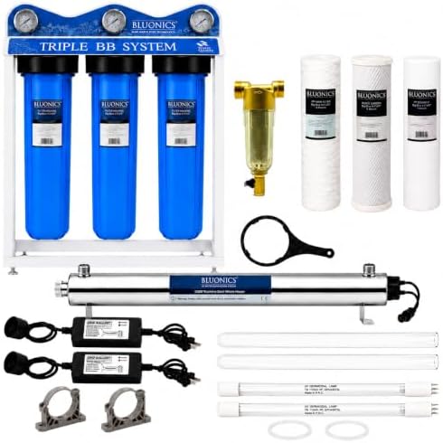Bluonics 110W Whole House Water Filter System, Well and City Water, 4-Stage uv Treatment, Triple 20 x 4.5 Sediment Carbon Filters, 40 Micron pre-Filter, Extra Filter Set, 2 uv Bulbs, 24 gpm by BLUONICS