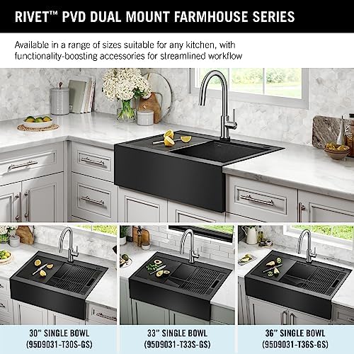 DELTA FAUCET Rivet 30 Inch Black Stainless Steel Retrofit Farmhouse Apron Front 16 Gauge Workstation Kitchen Sink/PVD Gunmetal Finish w/ Accessories for Top Mount Drop-In Installation,95D9031-T30S-GS - Image 2