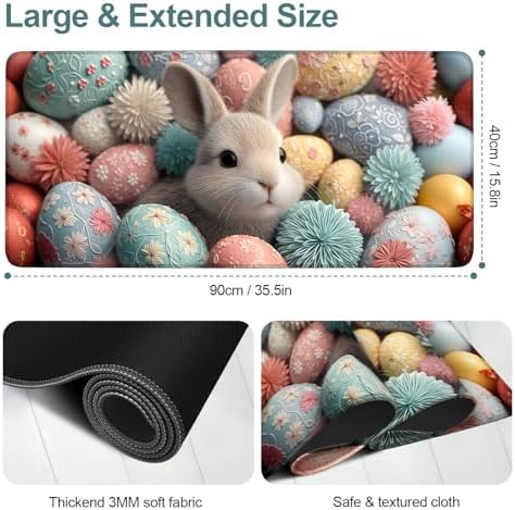 Easter Bunny Gaming Mouse Pad 35.4"x15.7" Large Extended Pad Desk Mat Anti-Slip Rubber Base & Durable Stitched Edges for Gamers Smooth Mouse Pad Writing Surface for Desk Office/Home - Image 2