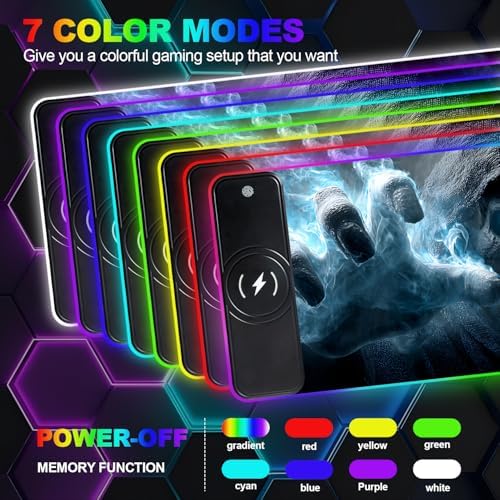 Wireless Charging RGB Gaming Mouse Pad, 31.5 x 11.8 Inch Extended Mouse Mat with Dark Skull Design, LED Desk Pad with 7 Lighting Modes, Non-Slip Base for Gaming & Office - Image 3