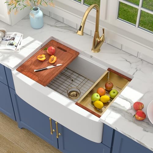 Lordear Farmhouse Sink 33 Inch White Kitchen Sinks Workstation Curved Apron Fireclay Porcelain Ceramic Single Bowl Farmer Sink Farm Sinks 33x21x10 Inch with Gold Accessories - Image 3