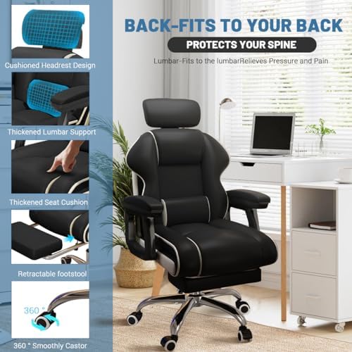 Executive Computer Chair Home Office Desk Chair,Adjustable Angle, Ergonomic Adjustable Height PU Leather Chairs with Cushions Armrest for Long Time Seating-High Office Chair with Footrest - Image 4