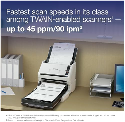 Epson DS-530X Color Duplex Desktop Document Scanner, up to 45 ppm, USB Connectivity, 100-Page Auto Document Feeder (ADF), Twain and ISIS Drivers - Image 2