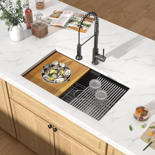 32x19" Black Undermount Kitchen Sink Workstation, Single Bowl - Image 2