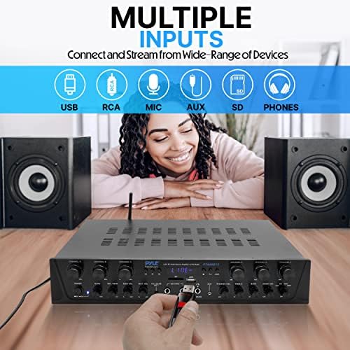 Pyle Home Audio Amplifier with Bluetooth - 6 Channel 600 Watt Peak Power, Karaoke with Echo, 2 Mic Input with Talkover, Headphone In, USB A MP3 Player with SD Reader - Home, Commercial, Worship - Image 6