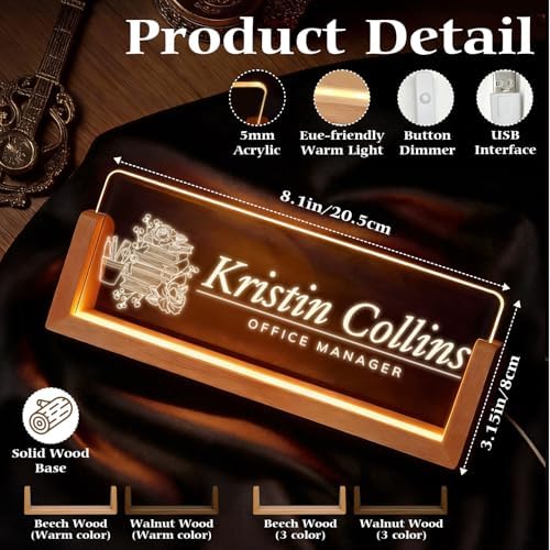 Personalized Light Up Acrylic Desk Name Plate - Custom Name Plate for Desk with Walnut Wood Base - Appreciation Office Gifts for Employees, Teacher, Social Worker (Textbook) - Image 3
