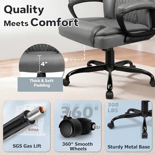 Executive Office Chair, Ergonomic High Back Desk Chair with Lumbar Support, Adjustable Big and Tall Computer Chair, 360° Swivel, PU Leather, Grey - Image 5