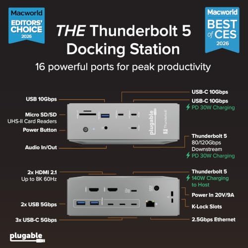 Plugable Thunderbolt 5 Dock: Dual HDMI 2.1 Up to 8K 60Hz / 4K 144Hz, 140W - Image 2