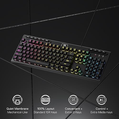 Redragon K513 RGB Membrane Gaming Keyboard, Standard 104 Keys Linear Mechanical-Feel Keyboard w/ 5 Extra On-Board Macro G Keys, Dedicated Media Control, Solid Metal Top Case - Image 2