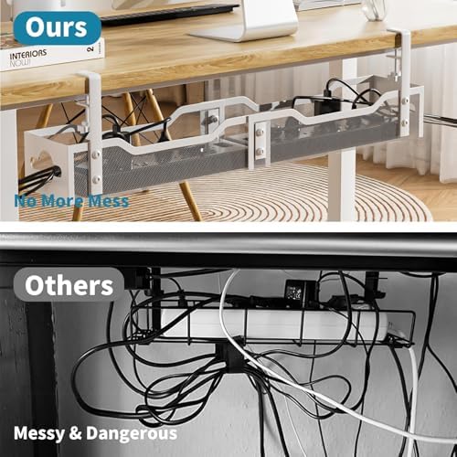 Under Desk Cable Management Tray White, Litwaro Cable Management Under Desk No Drill, 25'' Cable Tray with Clamp for Wire Management, Cord Organizer for Office, Home - No Damage to Table - Image 3