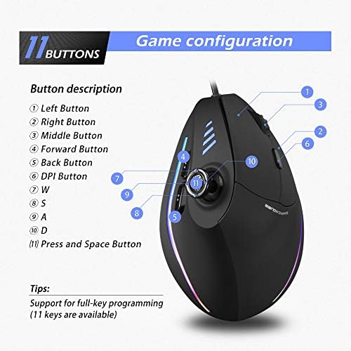 Vertical Mouse, Ergonomic USB Wired Vertical Mouse with [5 D Rocker] [10000 DPI] [11 Programmable Buttons], RGB Gaming Mouse for Gamer/PC/Laptop/Computer - Image 6