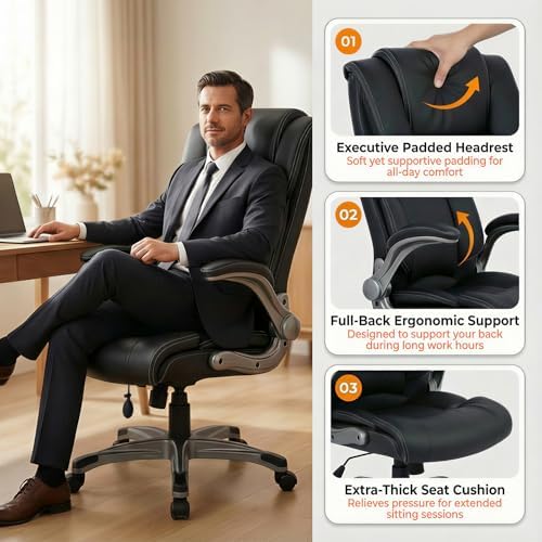 COLAMY Ergonomic Executive Office Chair, High Back Desk Chair with Adjustable Lumbar Support, Flip-Up Armrests & Thick Seat Cushion, 90°–110° Reclining Computer Chair for Home Office,Set of 2 - Image 5