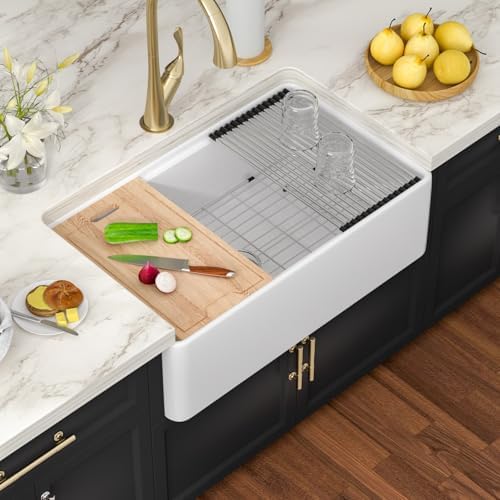 White Farmhouse Sink Workstation 33 Inch White Apron Front Fireclay Farm Sink Round Corner Apron Ceramic Single Bowl Sink Large Deep Farm Kitchen Sinks with Luxury Accessories, 33" x 20" x10" - Image 2
