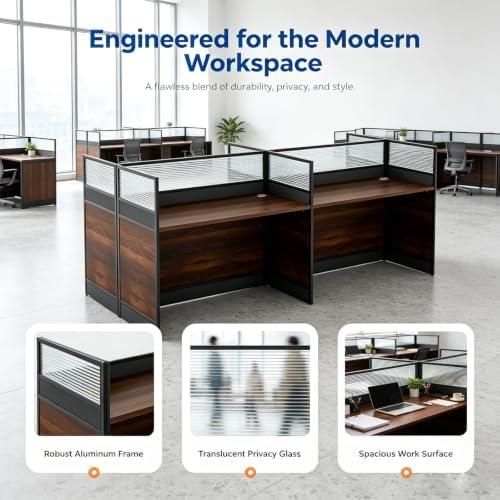 4-Person Office Cubicle Workstation Desk with Mute Privacy Panels & Cable Management, Computer Cubicles Desk for Home & Commercial Office Use, Walnut Finish - Image 5