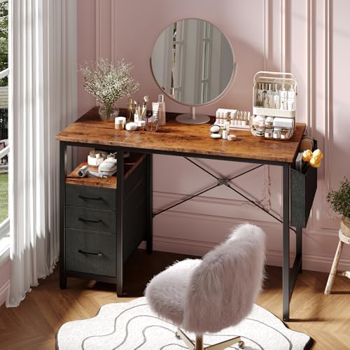 DUMOS 39 Inch Small Computer Desk with Storage, Fabric Drawers,Brown - Image 2