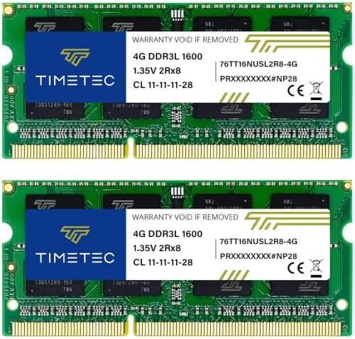 Timetec 8GB KIT(2x4GB) DDR3L / DDR3 1600MHz PC3L-12800 / PC3-12800 Non-ECC Unbuffered 1.35V / 1.5V CL11 204 Pin SODIMM Laptop Notebook PC Computer Memory RAM Module Upgrade by Timetec