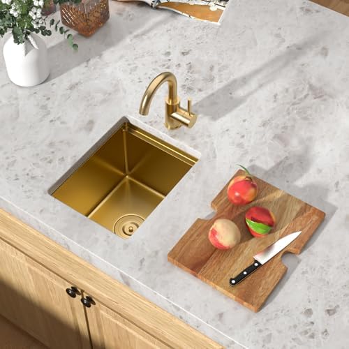 Undermount Bar Sink Workstation - 12 x 15 Inch Gold 16 Gauge T-304 Stainless Steel Small Wet Prep Sink Single Bowl Under Counter Camper Sinks with Cutting Board #TLU-0017 - Image 2