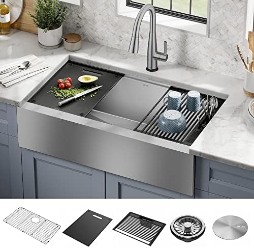 DELTA FAUCET Rivet 36-inch Workstation Farmhouse Apron Front Kitchen Sink Undermount 16 Gauge Stainless Steel Single Bowl with WorkFlow Ledge and Kit of 5 Accessories, 95C9031-36S-SS - Image 2