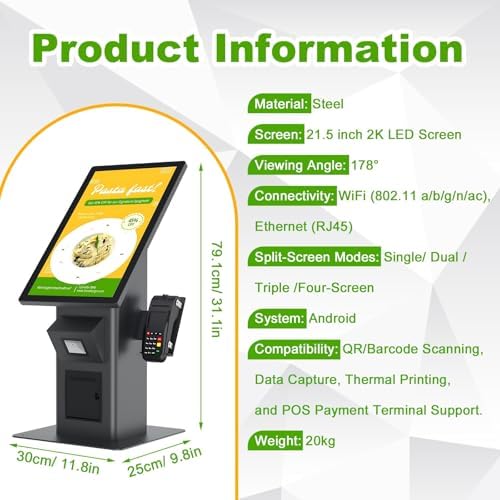 Desktop Ordering Kiosk 21.5" Self Ordering Kiosk with with POS Mounting Bracket, Multi-Point Touch Operation, Thermal Printer, Digital Signage Display for Restaurants - Image 3