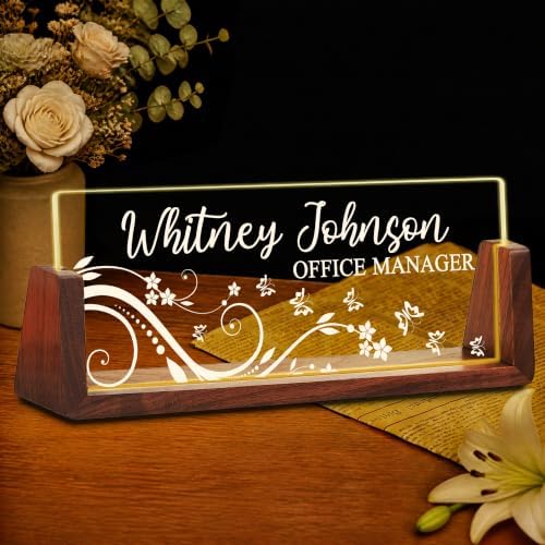 Custom Name Plate for Desk with LED Walnut Frame, Office Desk Decor by Unknown