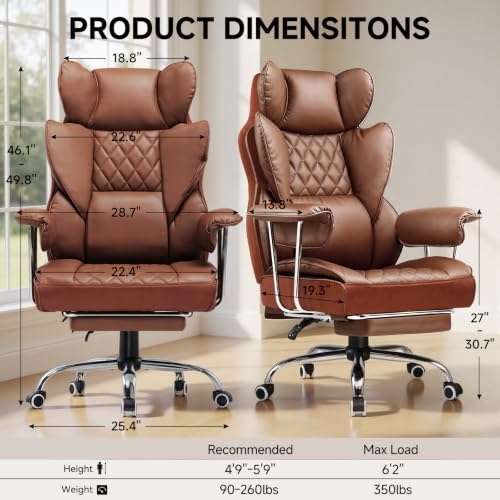 COMHOMA Big and Tall Office Chair, High Back Leather Gaming Chair with Footrest, Executive Ergonomic Office Chairs with Pocket Spring Lumbar Support and with Outward Fixed Soft Armrests - Image 3