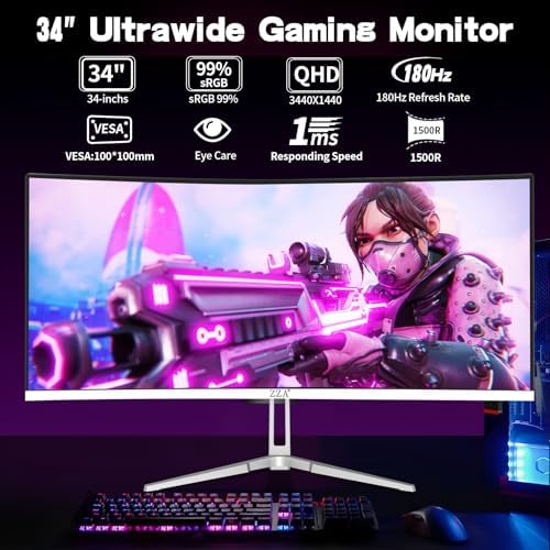 ZZA UltraWide 34 Inch Curved Monitor 1500R PC Screen 180hz Refresh Rate WQHD 3440x1440 Computer Gaming Monitor VA PanelAMD FreeSync Premium | HDR10 | 99% sRGB | VESA - Image 3