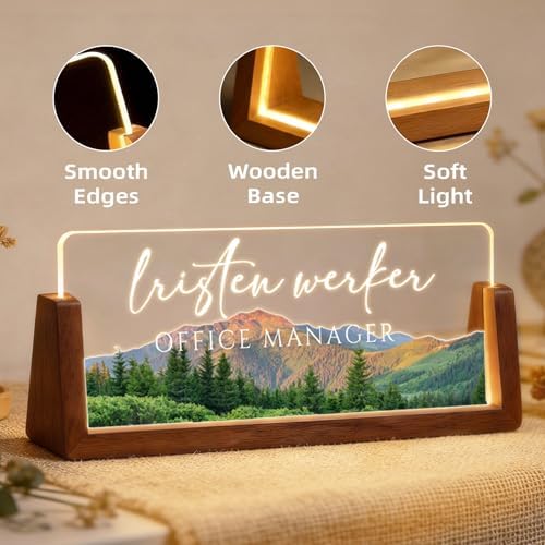 Personalized Light Up Acrylic Desk Name Plate - Custom Name Plate for Desk with Walnut Wood Base - Appreciation Office Gifts for Employees, Teacher, Social Worker (Forest) - Image 7