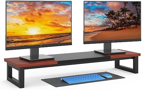 YAOHUOO Dual Monitor Stand Riser, 39Inch Large Monitor Stands for 2 Monitors, Computer Monitor Stand, Wooden Desktop Oraganizer Shelf for Office Desk Computer,Laptop,TV by YAOHUOO