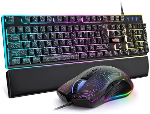 RedThunder K10 Wired Gaming Keyboard & Mouse Combo with Wrist Rest, Adjustable RGB Mechanical Feel Anti-ghosting Keyboard + 7D 7200 DPI Mouse+Soft Leather Wrist Rest for PC Gamers (Black Lines) by RedThunder