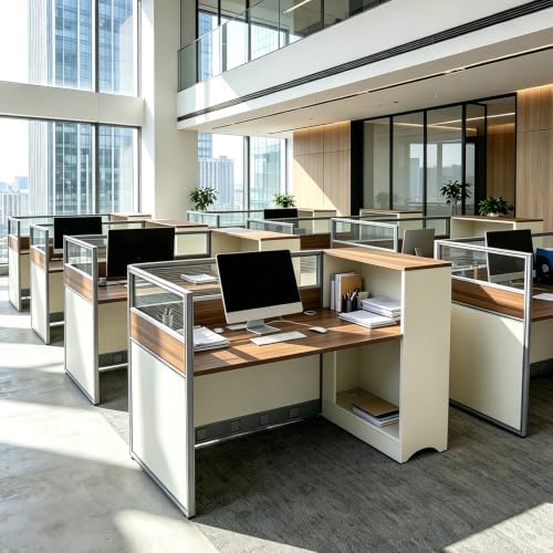 Modular Office Cubicle Workstation Desk with Privacy Panels and Cable Management,Long Computer Desk for Commercial Workspace, Sound Dampening Partition Wall (White+Walnut, 59IN) - Image 7