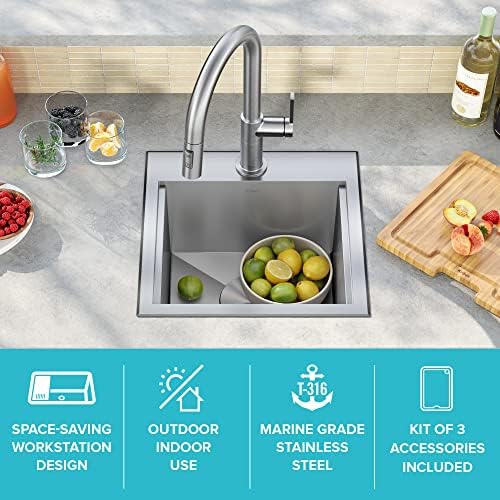 Kraus KWT321-15-316 Kore Outdoor Workstation Drop-In 16 Gauge Marine Grade T-316 Stainless Steel Square Single Bowl Kitchen Bar Sink with Accessories, 15 x 15 Inch - Image 2