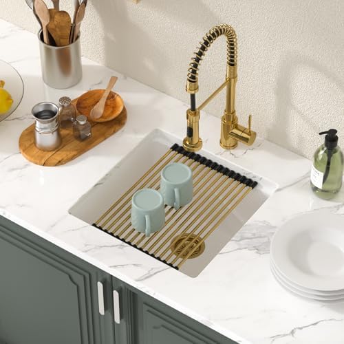 Lordear 18 Inch White Kitchen Sink Granite Composite Undermount Bar Workstation 18x18 White Quartz Sinks Under Counter Single Bowl with Classic Gold Accessories - Image 3