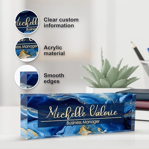 Personalized Name Plate for Desk, Custom Desk Name Plate, Acrylic Name Plate Office Desk Accessories, Personalized Office Gifts for Coworkers Teachers, Employee Appreciation Gifts (B-Blue Marble) - Image 3
