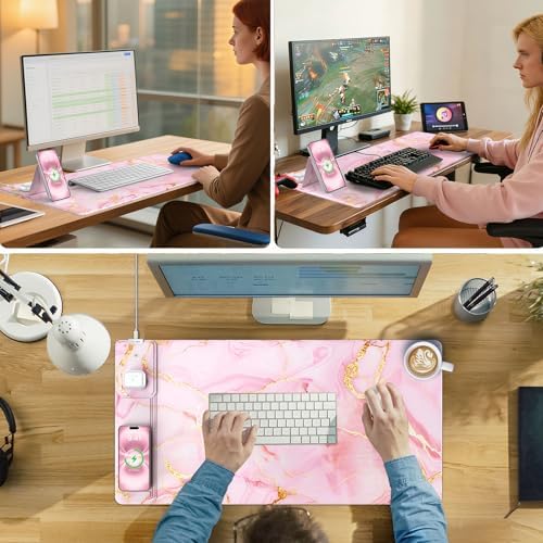 Wireless Charging Mouse Pad with Phone Holder, 31.5"x15.8" in, Pink Marble - Image 4