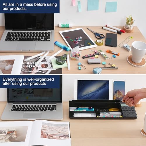 Small Glass Desktop Whiteboard Dry-Erase-Board - Computer Keyboard Stand with Calculator White Board Surface Pad with Drawer, Desk Organizers with Accessories for Office, Home, School Supplies - Black - Image 3