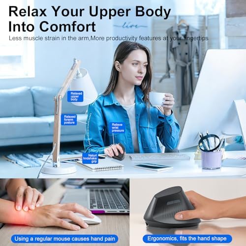 Ergonomic Bluetooth Mouse, Wireless Rechargeable Vertical Mouse for Carpal Tunnel with USBC & BT 5.0/3.0 & 2.4G Connect, Silent, Easy to use, 6 Buttons for Laptop PC MacBook Desktop Computer - Image 4