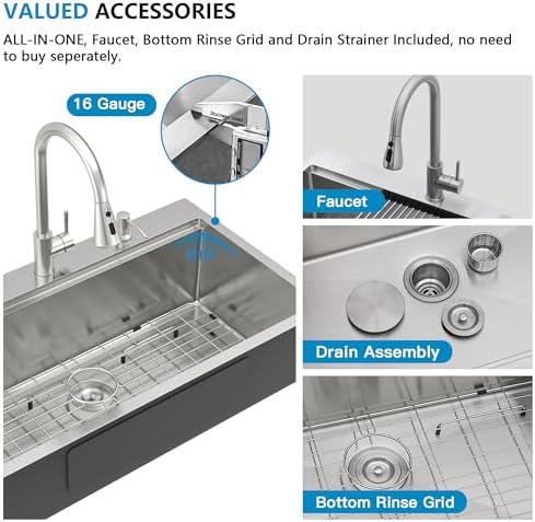 33 Kitchen Sink Drop In - Fulorni 33"x19" Ledge Workstation Top Mount 16 Gauge 304 Stainless Steel Over Mount Single Bowl Sink Basin with Faucet, Soap Dispenser - Image 7