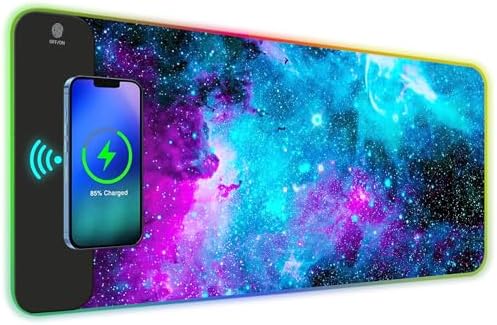 AIMSA Wireless Charging RGB Gaming Mouse Pad 15W, Extended LED Desk Mat Protector 800x300x4MM, 14 Light Modes Extra Large Mousepad Non-Slip Rubber Base Desk Mat, Galaxy Nebula Universe by AIMSA