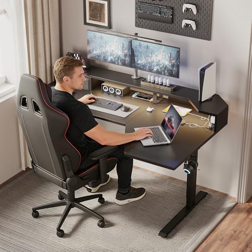 Agilestic 63*35 Inch L Shaped Standing Desk with Shelf & Led& Outlet, Black - Image 2