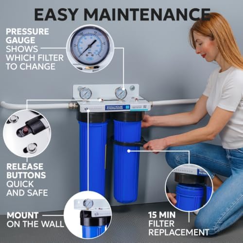 Aquaboon Whole House 2-Stage Water Filter System with 20x4.5 Anti-Scale, KDF Filters, Pressure Gauges & Release, Wrench, Iron Bracket - Image 4