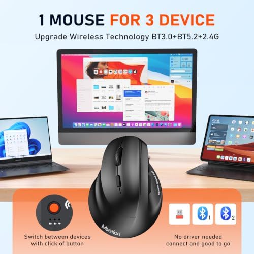 MEETION Left-Handed Wireless Ergonomic Vertical Mouse, Rechargeable - Black - Image 2