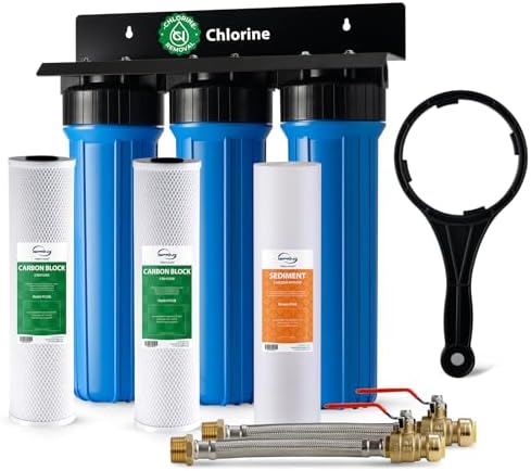 iSpring WGB32B+AHPF12MNPT16X2 3-Stage Whole House Water Filter System, Reduces Chlorine, Sediment Home Water Filtration System w/ 3/4'' Push-Fit Braided Stainless Steel Hose Connectors by iSpring